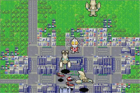 バルタン星人を倒すためにウルトラマンが登場するが、街を踏みつぶす。ウルトラ警備隊モンスターアタックより。