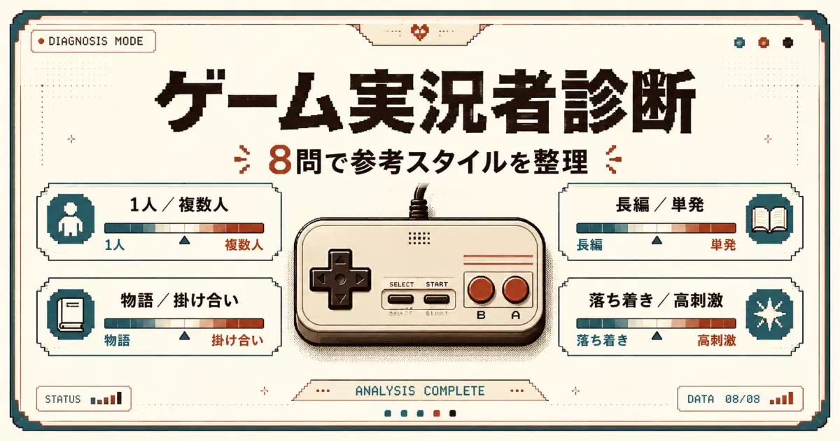 8問で制作条件と強みを整理し、参考にしやすい実況スタイルと次の1本の実験を見つけます。