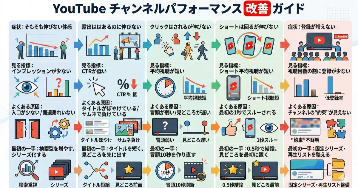 ゲーム実況が伸びない原因を「露出・クリック・離脱」で切り分け。1月→2月の分析差分を表で比較し、今月の改善点を判断できます。